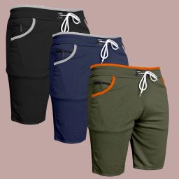 Pack of 3 Solid Men Dark Blue, Black, Green Casual Shorts-image-59