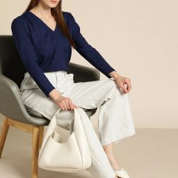 Casual Puff Sleeves Solid Women Dark Blue Top-image-1