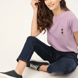 Women Solid Round Neck Pure Cotton Purple T-Shirt-image-32