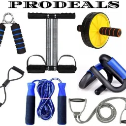 HOME WORKOUT GYM SET OF DOUBLE SPRING TUMMY TRIMMER WITH AB WHEEL WITH PUSH UP BAR WITH TONING TUBE WITH SKIPPING ROPE WITH FIGURE 8 AND FOAM HAND GRIP Fitness Accessory Kit Kit-23