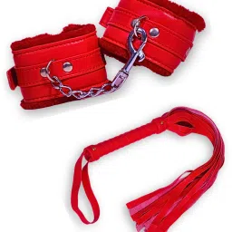 premium leather red handcuff & flogger combo-26