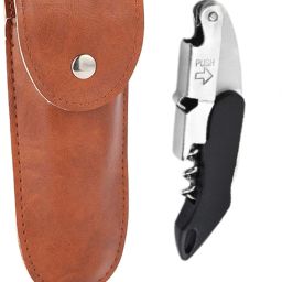 3 in 1 Corkscrew Beer Wine Bottle Opener with Leather Cover Spring-Loaded Double Lever, Serrated Foil Cutter Barware Gear Waiter's Corkscrew of Sommeliers, Waiters, Bartenders Gift- Black Bottle Opener-image-3
