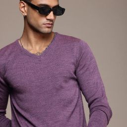 Men Solid V Neck Purple Sweater-image-3