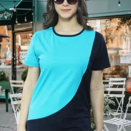 Women Colorblock Round Neck Cotton Blend Light Blue, Black T-Shirt-image-78