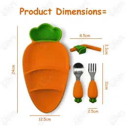 cots and cuddles Carrot Design Silicone Feeding Plate with Spoon Fork & Straw for Toddler - Silicone image 2