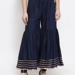Women Flared Dark Blue Viscose Rayon Trousers-image-3