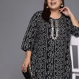 Varanga Women Black & White Bandhani Yoke Design Mirror Work Floral Kurta-image-99