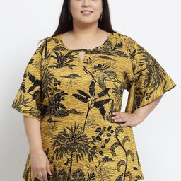 KLOTTHE Plus Size Women Mustard Yellow & Black Floral Print Keyhole Neck Top-picture-15