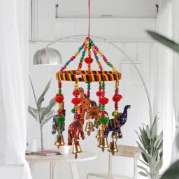 Polyester Hanging Ring Elephant with Bells Windchimes|Hanging Latkan|Multicolor Polyester Windchime-image-5
