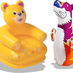 Combo Happy Animal Teddy Sofa/ Chair (Yellow) & Tiger Shape 3-D Punching Hit Me Bag, Multi Color Inflatable Sofa/ Chair-31