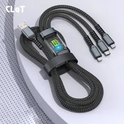 CLAT 3-in-1 Cable 1 m Multi Charging Cable USB 100W USB C Fast Charger Cable with LED Display Nylon Braided Cord 3-in-1 USB to Type C/Micro/Lightning Connectors VOOC/FLASH/DART/WRAP-picture-1