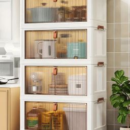 4 Door 4 Shelves Plastic Collapsible Cupboard Cloth stand clothes rack PC Collapsible Wardrobe-image-6