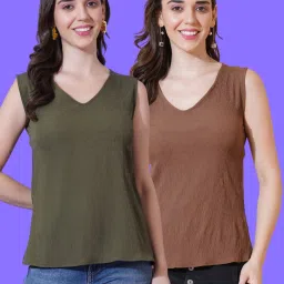 Casual Sleeveless Solid Women Green, Brown Top-image-99