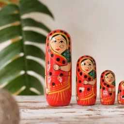 Wooden Handmade Crafted Red Color Doll Hand Painted - Nesting Doll - Wooden Decoration Gift Doll - Stacking Nested Wood Dolls for Kids - Set of 5 (Red)-7