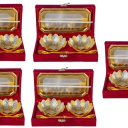 SMILES GIFT German Gold Brass Round Bowl Sets with Tray and Spoon with Royal Luxury Velvet Box Packing And Carry Bag Used for Dry Fruit, Sweets and Home Décor (Set Of 5 piece) Bowl Serving Set-image-1