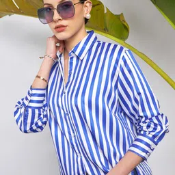 sassafras Women Oversized Fit Striped Cut Away Collar Party Shirt-picture-5