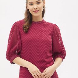 Casual Puff Sleeves Self Design Women Maroon Top-image-106