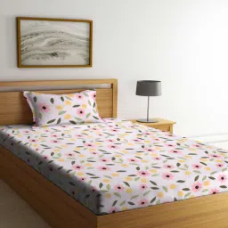 arrabi Pink Floral 300 TC Cotton Blend Single Bedsheet with 1 Pillow Cover-picture-49