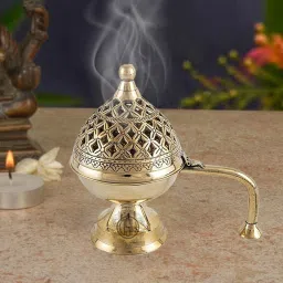 Home Purifying Brass Dhuna Loban Burner Dhooni Dhoop Dani Dhuni Brass Dhoop Dani Brass Incense Holder-picture-0