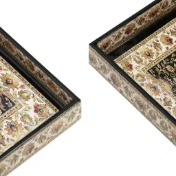 duli Designer Printed Wooden Square Serving Trays set| Set of 2 trays |Jamawaar Design With Special Enamel Coated Multipurpose Tray image 4