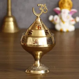 Om Akhand Diya Dor Puja Golden Om Symbol Decorative Brass Diya for Puja Brass Table Diya-image-13