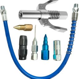 Grease Gun Coupler With 5Pc Grease Gun Nozzles, 15inch Blue Flexible Pipe Manual Dispenser-14