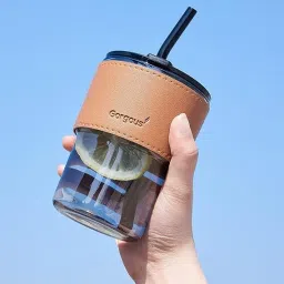 lether sleeve with Straw coffee mug 400ml Glass Coffee Glass Coffee Mug-37