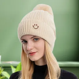 Winter Woolen Warm Beanie (Fur Inside Soft Pompom on top) Winter caps for Women Beanie-image-25