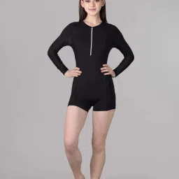 womens rashguard long sleeves padded legsuit Solid Women Swim-dress Black Swimsuit-image-32
