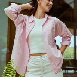 Women's Oversized Pink Blossom Yarn Dyed High Low Hem Striped Shirt Women Oversized Fit Striped Spread Collar Casual Shirt-image-58
