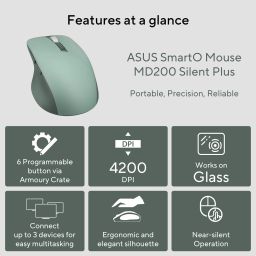 ASUS SmartO MD200 Wireless Ambidextrous Optical Mouse 4200 DPI, 3 Device Support, 6 customizable buttons, Creatorwith Bluetooth image 2