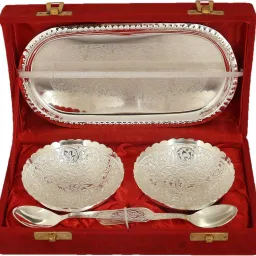 Silver Plated Serving Bowl Handicrafts Brass Silver Plated Serving Bowl Spoon and Tray Set of 5 for Home Décor-23
