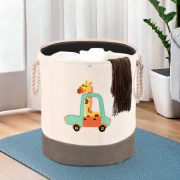 Cotton, Polyester 43 Ltr Clothes Basket with Handles | GM-8-BG | Giraffe- Grey & White Storage Basket-image-15