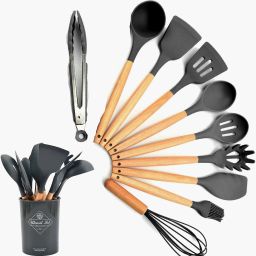Set Non-stick Heat Resistan BPA-Free Silicone Stainless Steel Handle Cooking Tools Whisk Kitchen Tools Set - Grey Kitchen Tool Set-image-53