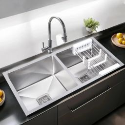 37x18x10 Kitchen Sink Double Bowl, 37 Inch, SS304, 16-Gauge Stainless Steel Sink SF3718 | HANDMADE KITCHEN SINK | 37X18X10 Vessel Sink-image-9