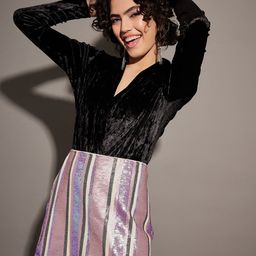 SASSAFRAS Self Design Velvet V-Neck Wrap Bodysuit-image-5