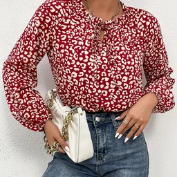 StyleCast Red Printed Tie-Up Neck Bodysuit-image-16