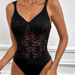 StyleCast Black Self-Design V-Neck Sleeveless Bodysuit-image-78