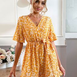 StyleCast Mustard Yellow & White V-Neck Printed Playsuit-38