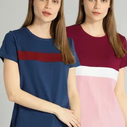 Pack of 2 Women Colorblock Round Neck Pure Cotton Multicolor T-Shirt-image-28