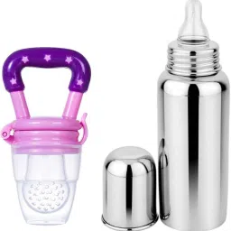 Baby Silicone Fruit Nibbler,Pacifier With 150ml Stainless Steel Feeding Bottle- Stainless Steel Bottle, Soft Silicone Nipple, BPA Free-11