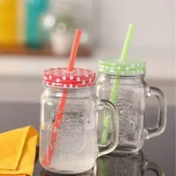 regalo (Set of 2) 450ml Glass Mason Jar with Handle & Multi-Colour Air-Tight Lid with Straw (Transparent)-picture-46
