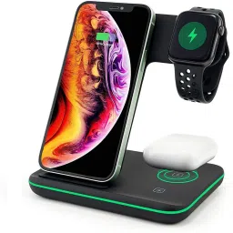 TANTRA Fast Wireless Charger 3 in1 Qi Certified 15W Type-C PD Compatible with iWatch SE 6/5/4/3/2/1, AirPods 2/ Pro, iPhone Series 12/11/X/XR/XS/8/Samsung Galaxy (No AC Adapter) (3 in 1 Black) Charging Pad-20
