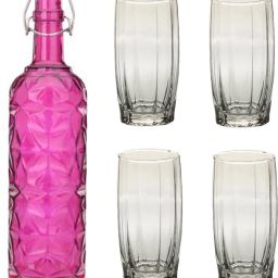 Bottle & 4 Glass Serving Lemon Set, Pink, Clear, Glass - A766 Jug Glass Set-image-39
