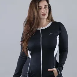 women's longsleeves zippered padded rashguard 2-piece plus size swimset Solid Women Swim-dress Black Swimsuit-picture-8