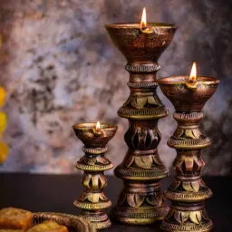 the handicraftian Traditional Terracotta Gold Diya (Candle) Stand (Pack Of 3)-picture-4