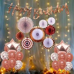 Rose Gold Birthday Decoration Kit Combo - 34Pcs With Fans, Bday Banner, Star Foil Balloon, Confetti Balloons, Led Lights Girls, Boys,Kids Wife Decoration Items-image-40