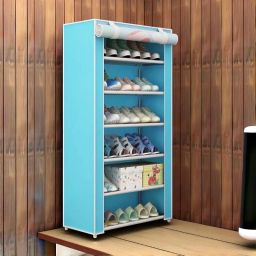 6-Tier Portable Shoe Rack with Roll-up Cover, Turquoise Blue, Micro Fiber Collapsible Wardrobe-image-46