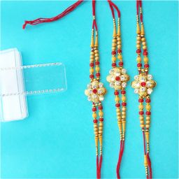 Designer PD-Metal Rakhi-3 PC-Lotus-N Gold Finish, Kundan, Mauli Thread Rakhi Set-image-55