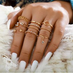 Eight Pcs Crystal Drop Heart Multi Design Ring Set For Women & Girls Alloy Gold Plated Ring Set-image-4